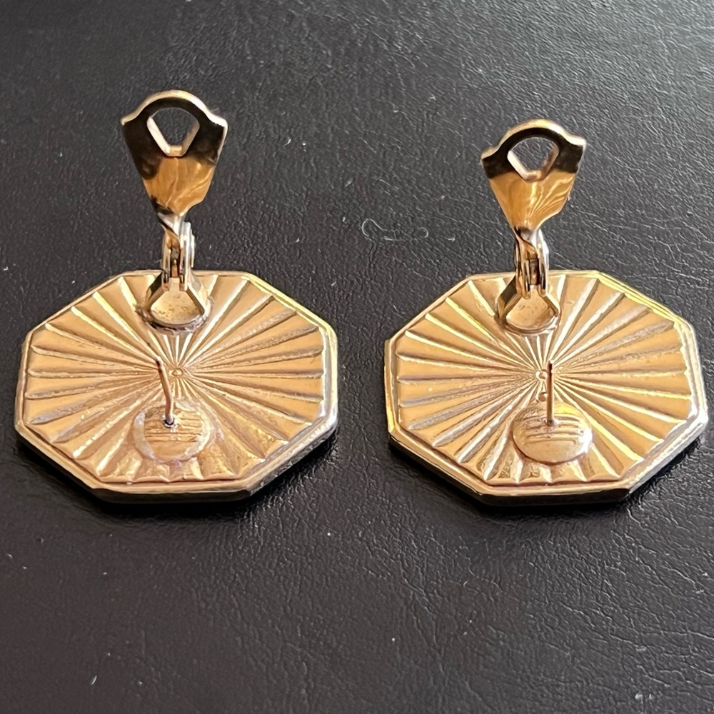 Vintage Yves Saint Laurent YSL Green and Gold-Tone Hexagon Earrings - Picture 3 of 5